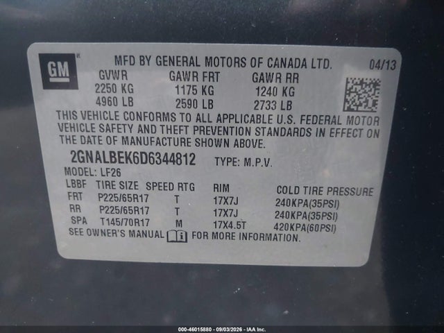Продаж на аукціоні авто 2013 Chevrolet Equinox Ls, vin: 2GNALBEK6D6344812, номер лоту: 46015880
