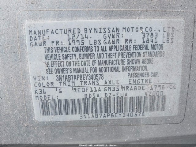 Aukcja sprzedaży 2014 Nissan Sentra Sv, vin: 3N1AB7AP8EY340578, numer aukcji: 46015881