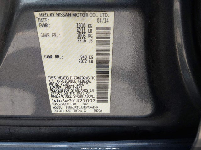 Продаж на аукціоні авто 2014 Nissan Altima 2.5 S, vin: 1N4AL3AP7EC421007, номер лоту: 46015893