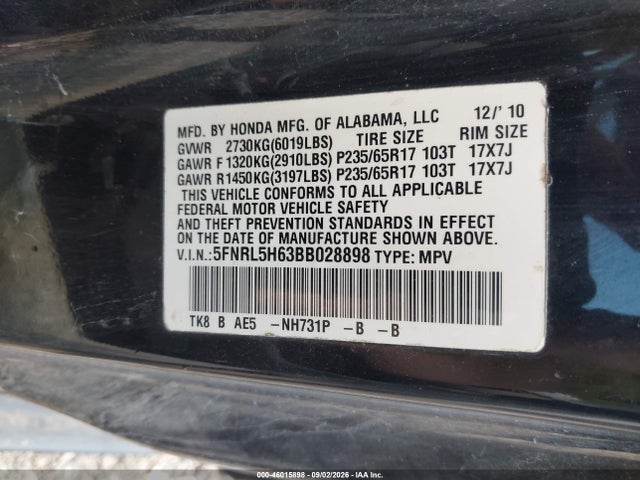 46015898 :رقم المزاد ، 5FNRL5H63BB028898 vin ، 2011 Honda Odyssey Ex-l مزاد بيع