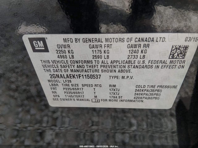 Продаж на аукціоні авто 2015 Chevrolet Equinox Ls, vin: 2GNALAEK1F1150537, номер лоту: 46015903