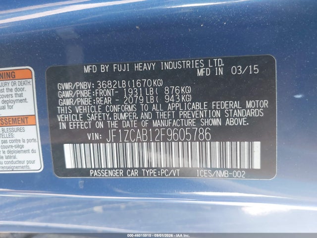 Auction sale of the 2015 Subaru Brz Premium, vin: JF1ZCAB12F9605786, lot number: 46015915