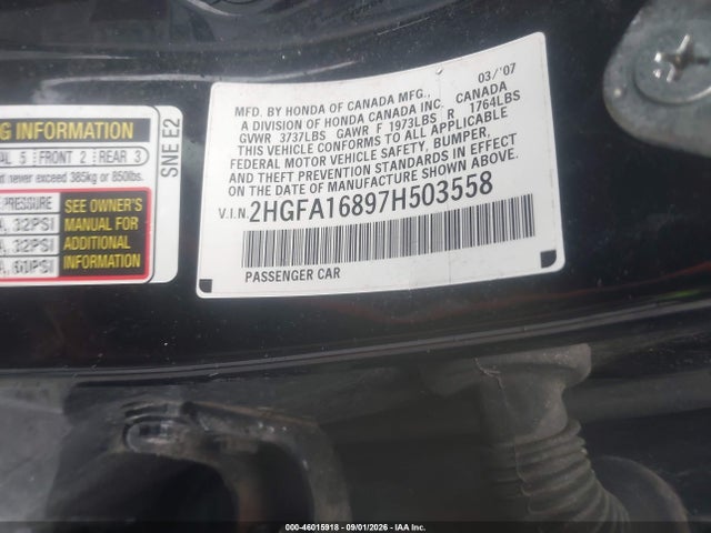 Aukcja sprzedaży 2007 Honda Civic Ex, vin: 2HGFA16897H503558, numer aukcji: 46015918