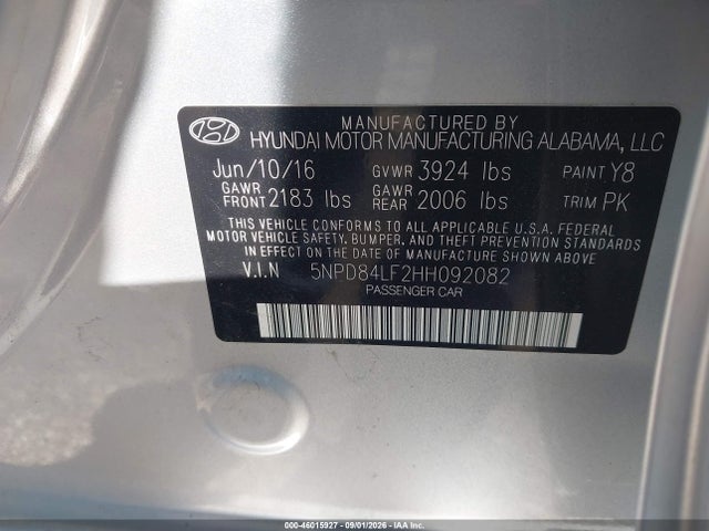 46015927 :رقم المزاد ، 5NPD84LF2HH092082 vin ، 2017 Hyundai Elantra Se مزاد بيع