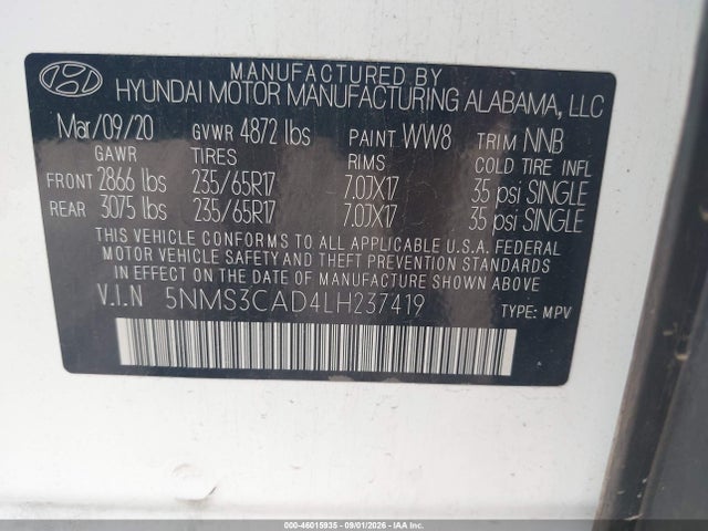 Aukcja sprzedaży 2020 Hyundai Santa Fe Sel, vin: 5NMS3CAD4LH237419, numer aukcji: 46015935