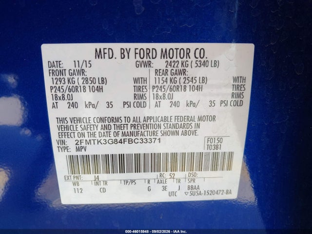 Продаж на аукціоні авто 2015 Ford Edge Se, vin: 2FMTK3G84FBC33371, номер лоту: 46015948
