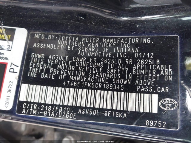 2012 Toyota Camry Xle მანქანა იყიდება აუქციონზე, vin: 4T4BF1FK5CR189345, აუქციონის ნომერი: 46015950