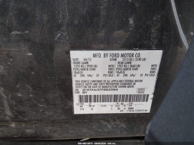 46015970 :رقم المزاد ، 2FMTK4J97FBB25964 vin ، 2015 Ford Edge Sel مزاد بيع