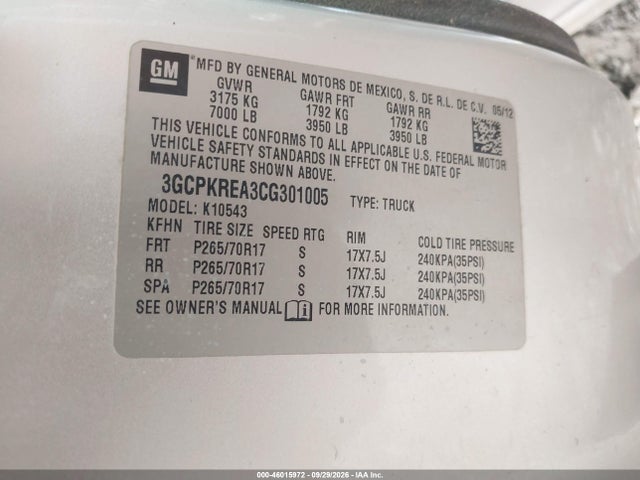 Aukcja sprzedaży 2012 Chevrolet Silverado 1500 Ls, vin: 3GCPKREA3CG301005, numer aukcji: 46015972