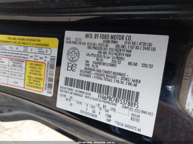 2015 Ford Mustang Gt Premium მანქანა იყიდება აუქციონზე, vin: 1FA6P8CF8F5378895, აუქციონის ნომერი: 46015995