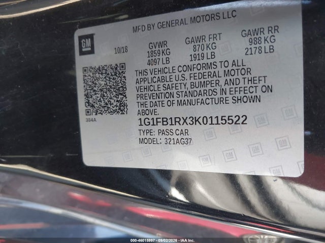 Продажа на аукционе авто 2019 Chevrolet Camaro 1lt, vin: 1G1FB1RX3K0115522, номер лота: 46015997