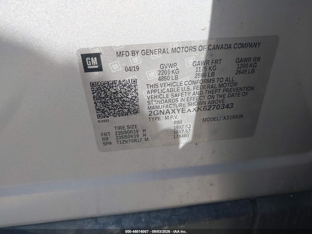 Продаж на аукціоні авто 2019 Chevrolet Equinox Premier, vin: 2GNAXYEXXK6270343, номер лоту: 46016007