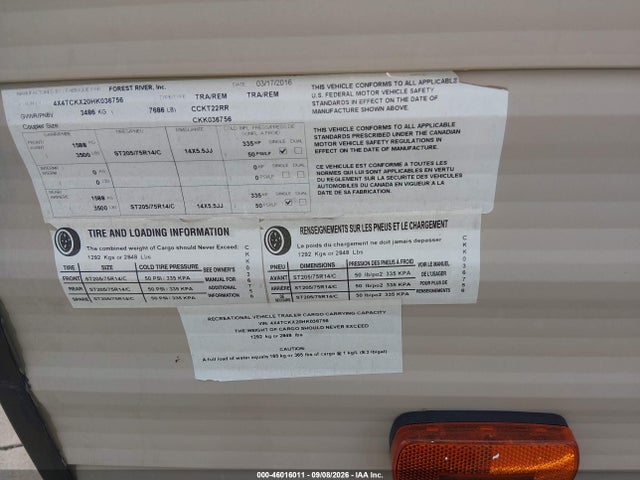 Aukcja sprzedaży 2017 Cherokee By Forest R Grey Wolf Toy Hauler, vin: 4X4TCKX20HK036756, numer aukcji: 46016011