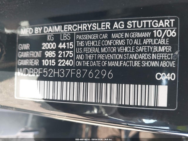 2007 Mercedes-benz C 230 Sport მანქანა იყიდება აუქციონზე, vin: WDBRF52H37F876296, აუქციონის ნომერი: 46016014