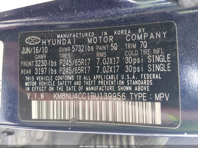 Aukcja sprzedaży 2011 Hyundai Veracruz Gls, vin: KM8NU4CC1BU139956, numer aukcji: 46016029