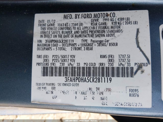 46016031 :رقم المزاد ، 3FAHP0HA5CR281119 vin ، 2012 Ford Fusion Se مزاد بيع