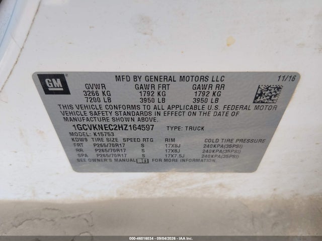 46016034 :رقم المزاد ، 1GCVKNEC2HZ164597 vin ، 2017 Chevrolet Silverado 1500 Work Truck مزاد بيع