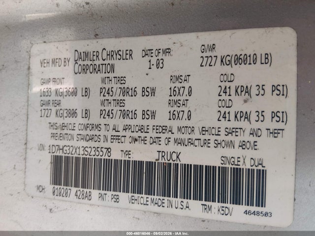 46016046 :رقم المزاد ، 1D7HG32X13S235578 vin ، 2003 Dodge Dakota Sport مزاد بيع
