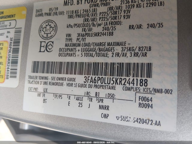 46016049 :رقم المزاد ، 3FA6P0LU5KR244188 vin ، 2019 Ford Fusion Hybrid Se مزاد بيع