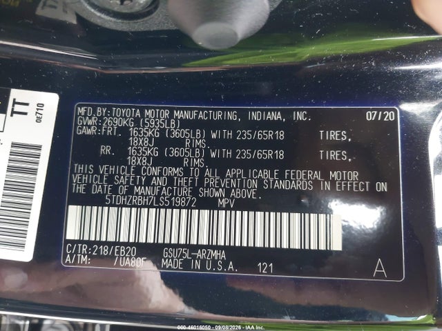 2020 Toyota Highlander Xle მანქანა იყიდება აუქციონზე, vin: 5TDHZRBH7LS519872, აუქციონის ნომერი: 46016050