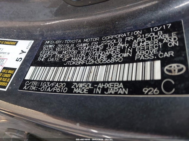 Auction sale of the 2017 Toyota Prius Two, vin: JTDKBRFU2H3056890, lot number: 46016055