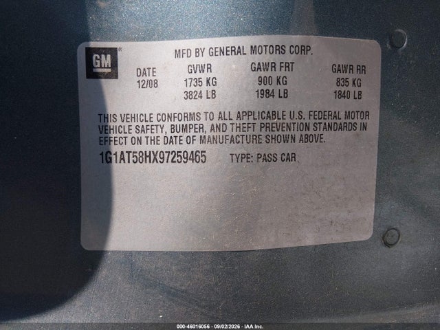 46016056 :رقم المزاد ، 1G1AT58HX97259465 vin ، 2009 Chevrolet Cobalt Lt مزاد بيع