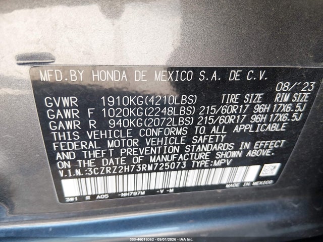 Продажа на аукционе авто 2024 Honda Hr-v, vin: 3CZRZ2H73RM725073, номер лота: 46016062