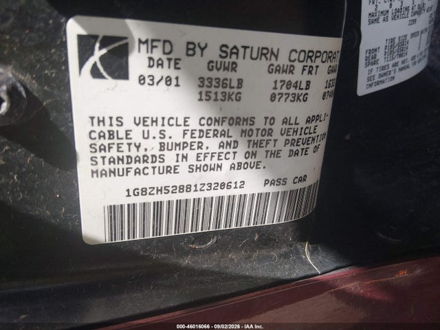 46016066 :رقم المزاد ، 1G8ZH52881Z320612 vin ، 2001 Saturn Sl1 مزاد بيع
