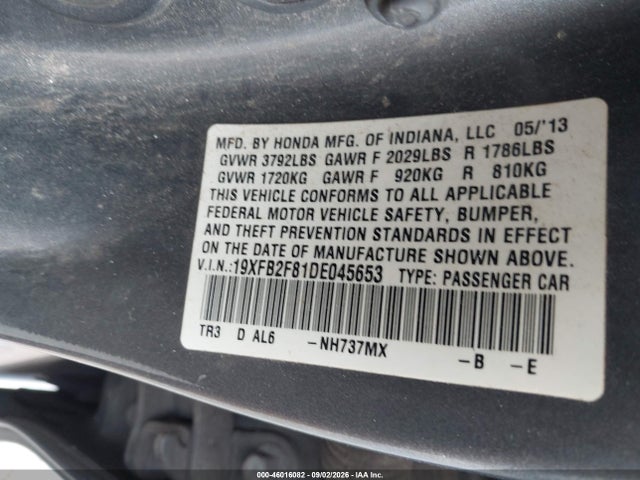 2013 Honda Civic Ex მანქანა იყიდება აუქციონზე, vin: 19XFB2F81DE045653, აუქციონის ნომერი: 46016082