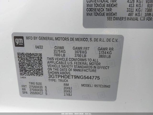 Продаж на аукціоні авто 2022 Gmc Sierra 1500 2wd  Short Box Slt, vin: 3GTPHDET9NG544775, номер лоту: 46016084