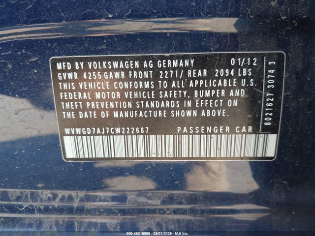 2012 Volkswagen Gti 4-door მანქანა იყიდება აუქციონზე, vin: WVWGD7AJ7CW222667, აუქციონის ნომერი: 46016086