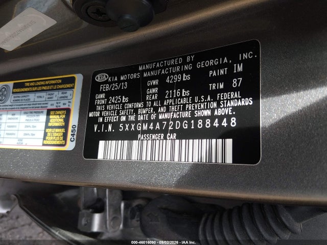 Aukcja sprzedaży 2013 Kia Optima Lx, vin: 5XXGM4A72DG188448, numer aukcji: 46016090