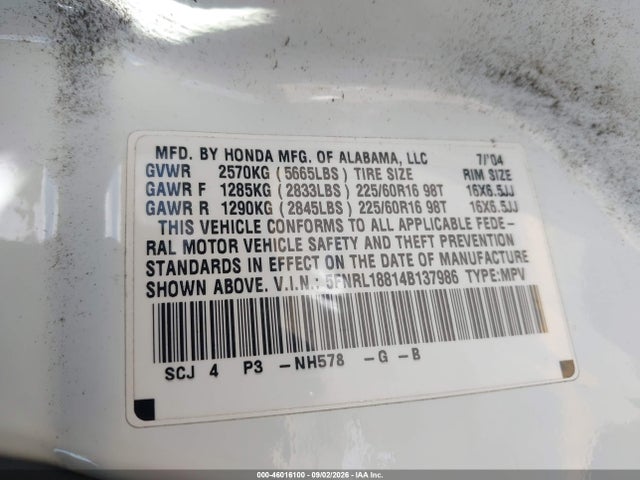 46016100 :رقم المزاد ، 5FNRL18814B137986 vin ، 2004 Honda Odyssey Ex مزاد بيع
