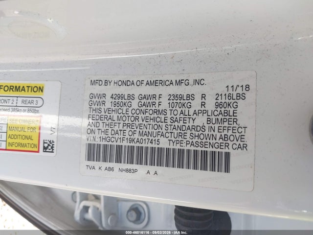 Продажа на аукционе авто 2019 Honda Accord Lx, vin: 1HGCV1F19KA017415, номер лота: 46016116