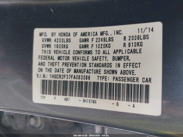 46016129 :رقم المزاد ، 1HGCR2F37FA063066 vin ، 2015 Honda Accord Lx مزاد بيع