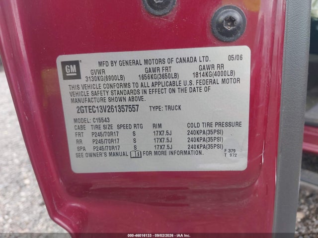 46016133 :رقم المزاد ، 2GTEC13V261357557 vin ، 2006 Gmc Sierra 1500 Sl مزاد بيع