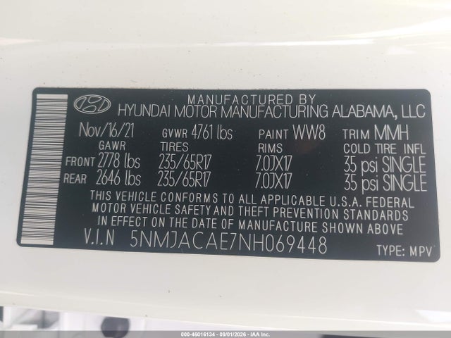 Aukcja sprzedaży 2022 Hyundai Tucson Se, vin: 5NMJACAE7NH069448, numer aukcji: 46016134