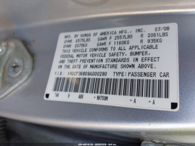 2009 Honda Accord 3.5 Ex-l მანქანა იყიდება აუქციონზე, vin: 1HGCP36809A000290, აუქციონის ნომერი: 46016138