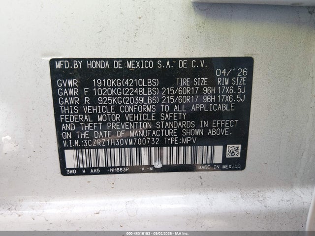 Aukcja sprzedaży 2027 Honda Hr-v Lx 2wd, vin: 3CZRZ1H30VM700732, numer aukcji: 46016153