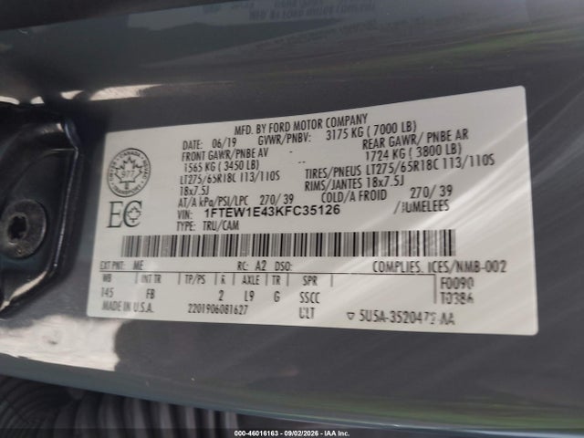 46016163 :رقم المزاد ، 1FTEW1E43KFC35126 vin ، 2019 Ford F-150 Xlt مزاد بيع