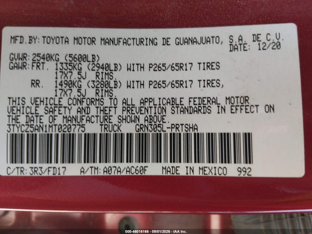 Aukcja sprzedaży 2021 Toyota Tacoma Trd Sport, vin: 3TYCZ5AN1MT020775, numer aukcji: 46016166