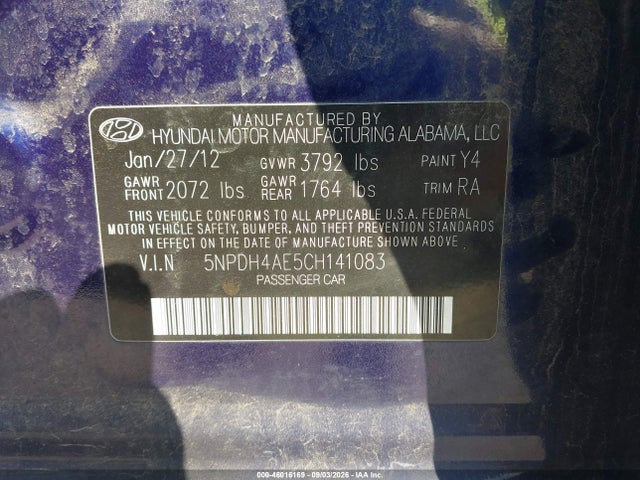 Aukcja sprzedaży 2012 Hyundai Elantra Gls, vin: 5NPDH4AE5CH141083, numer aukcji: 46016169