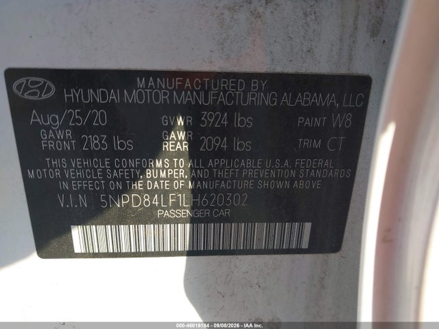 2020 Hyundai Elantra Value Edition მანქანა იყიდება აუქციონზე, vin: 5NPD84LF1LH620302, აუქციონის ნომერი: 46016184