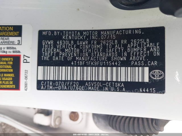 46016188 :رقم المزاد ، 4T1BF1FK9FU115442 vin ، 2015 Toyota Camry Se مزاد بيع