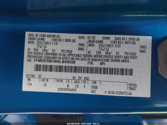 Продажа на аукционе авто 2022 Ford Bronco Big Bend, vin: 1FMDE5BH9NLB09528, номер лота: 46016190
