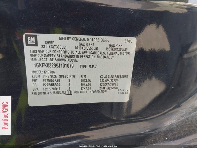 46016192 :رقم المزاد ، 1GKFK03299J101079 vin ، 2009 Gmc Yukon Denali مزاد بيع