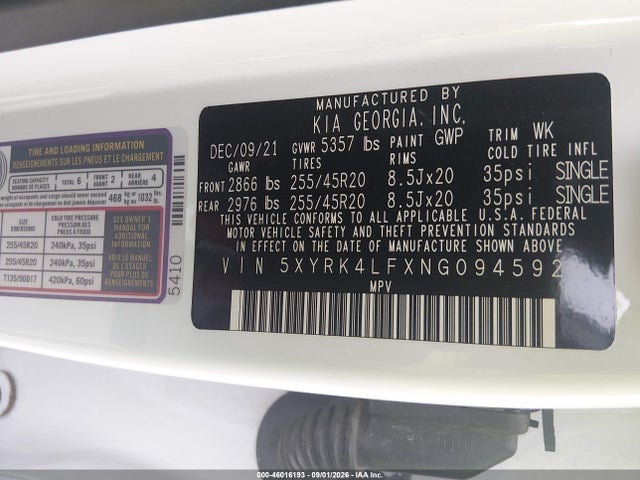 46016193 :رقم المزاد ، 5XYRK4LFXNG094592 vin ، 2022 Kia Sorento Sx Prestige مزاد بيع