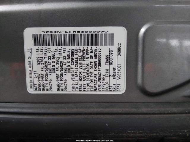 2011 Nissan Murano Crosscabriolet მანქანა იყიდება აუქციონზე, vin: JN8AZ1FY3BW000690, აუქციონის ნომერი: 46016200