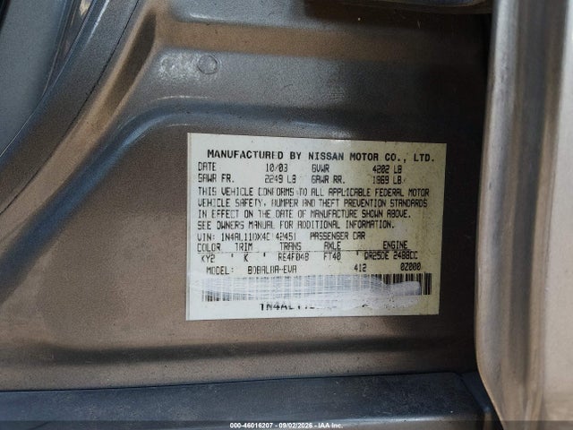 Aukcja sprzedaży 2004 Nissan Altima 2.5 S, vin: 1N4AL11DX4C142451, numer aukcji: 46016207