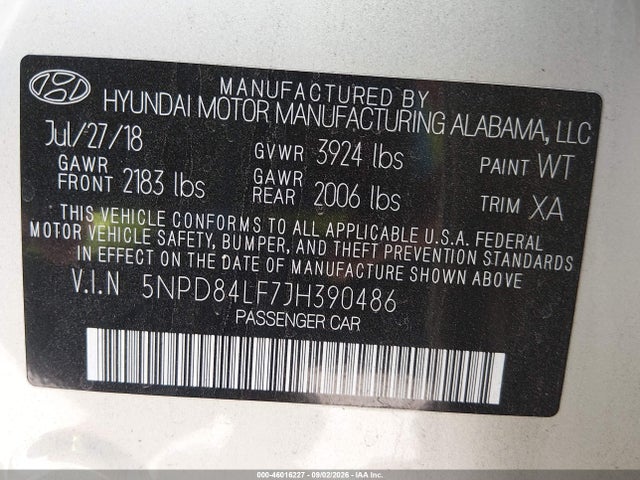 2018 Hyundai Elantra Sel მანქანა იყიდება აუქციონზე, vin: 5NPD84LF7JH390486, აუქციონის ნომერი: 46016227